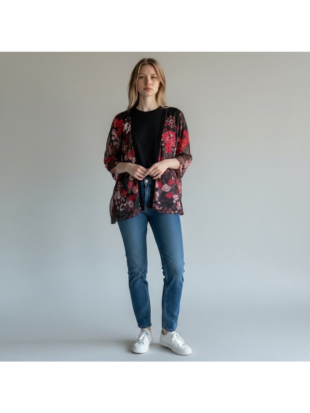 Nicola medium mesh floral Sheer black & red floral kimono Boho floral cover up